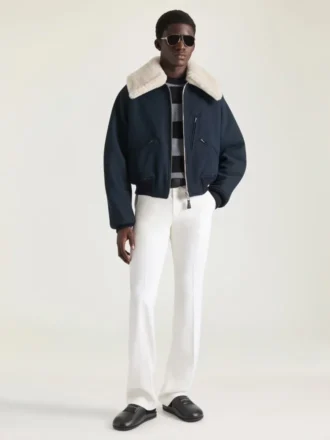 Bomber in Cotton with Shearling Collar
