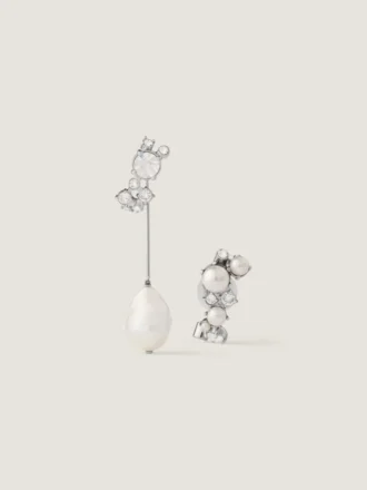Crystal Pearl Asymmetric Earrings in Metal, Crystals and Pearls