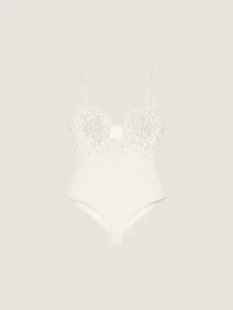 Cutaway Bodysuit in Knit with Embroidered Pearls