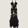 Ruffled Dress in Silk Chiffon with Embroideries