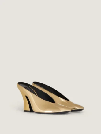 Sculpted Heeled Mules in Mirror Effect Leather Sculpted Heeled Mules in Mirror Effect Leather