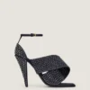 Sliced Square Heeled Sandals in Satin with Strass