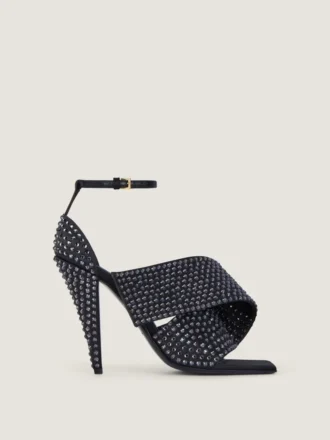 Sliced Square Heeled Sandals in Satin with Strass